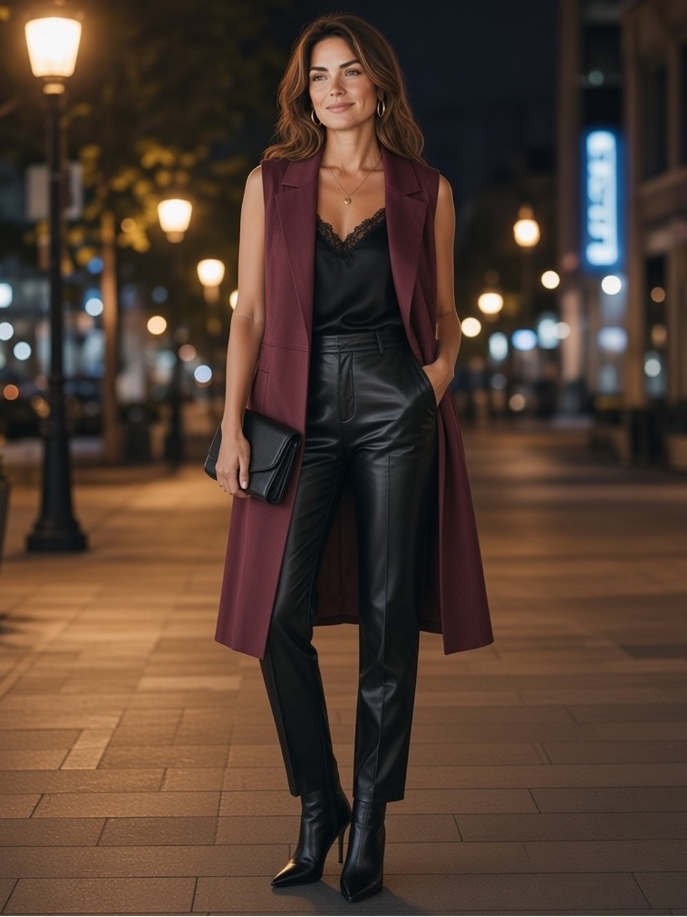 Magaschoni Faux Leather/Suede Notch Lapel Vest Brown With Black Lining Size M